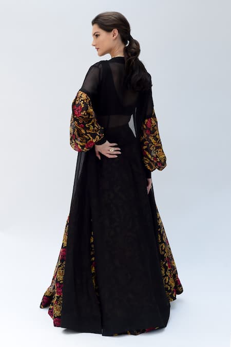Sanam Black Versailles Floral Pattern Long Jacket Lehenga Set 