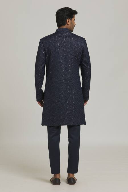 Shop Nero By Shaifali And Satya Blue Satin Embroidery Diamond Nawabi Sherwani With Pant at Aza Fashions Shop_Nero By Shaifali And Satya_Blue Satin Embroidery Diamond Nawabi Sherwani With Pant_at_Aza_Fashions