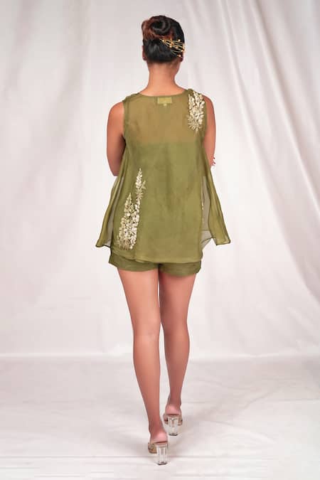 Shop Seesa Green Organza, Silk Embroidery Round Neck Hand Top at Aza Fashions Shop_Seesa_Green Organza, Silk Embroidery Round Neck Hand Top _at_Aza_Fashions