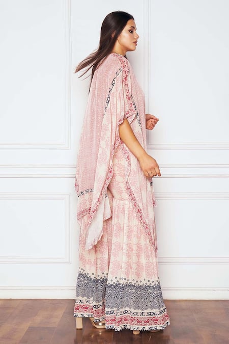 Shop_Sakshi Girri_Pink Crepe Stones V-neck Vintage Print Kaftan And Sharara Set _at_Aza_Fashions