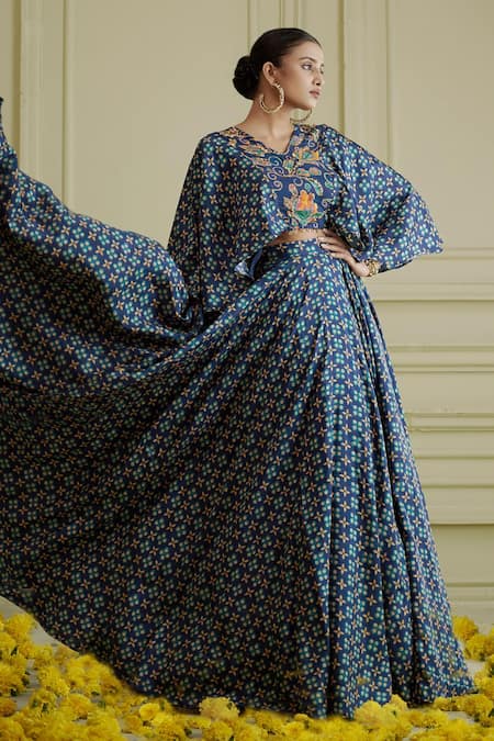 Shop_AFFROZ_Blue Russian Silk Printed Paisley Jaal V Neck Cape And Lehenga Set _at_Aza_Fashions