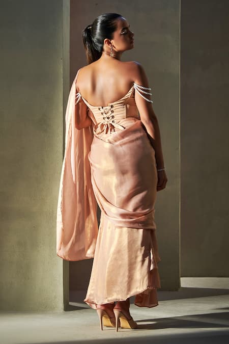 Shop_Saanjh By Lea_Pink Georgette Pearls Zaina Pleated Pre-stitched Saree _at_Aza_Fashions