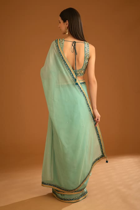 Shyam Narayan Prasad Zardozi Embroidered Opal Green Saree & Blouse 