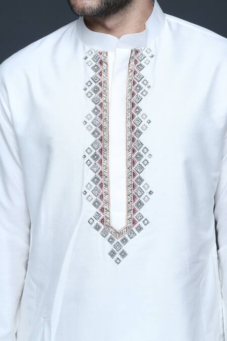 Shop Sanjev Marwaaha Ivory Cotton, Silk Sequins, Cut Work Geometric Embroidered Placket Kurta Set at Aza Fashions Shop_Sanjev Marwaaha_Ivory Cotton, Silk Sequins, Cut Work Geometric Embroidered Placket Kurta Set_at_Aza_Fashions