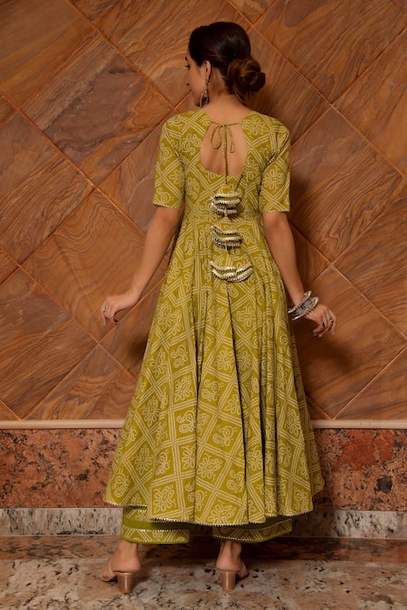 Pomcha Jaipur Bandhej Cotton Bandhani Print Anarkali Set 