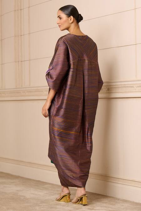 Shop Tarun Tahiliani Blue Silk V-neck Handwoven Striped Asymmetric Tunic at Aza Fashions Shop_Tarun Tahiliani_Blue Silk V-neck Handwoven Striped Asymmetric Tunic_at_Aza_Fashions