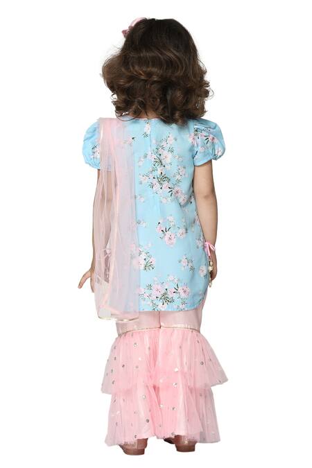 Shop Saka Designs Pink Cotton, Silk, Net Tassels, Sequins Floral Print Kurta Sharara Set at Aza Fashions Shop_Saka Designs_Pink Cotton, Silk, Net Tassels, Sequins Floral Print Kurta Sharara Set_at_Aza_Fashions