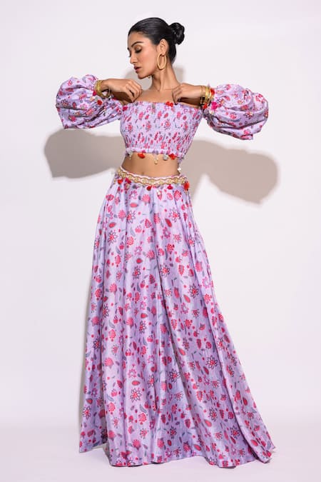 Shop Aangan By Parul Purple Silk Embroidery Square Neck Floral Print Skirt And Blouse Set at Aza Fashions Shop_Aangan By Parul_Purple Silk Embroidery Square Neck Floral Print Skirt And Blouse Set _at_Aza_Fashions