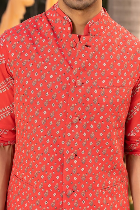 Shop_Chhavvi Aggarwal_Red Crepe Embroidery Flower Motif Print Bundi _at_Aza_Fashions