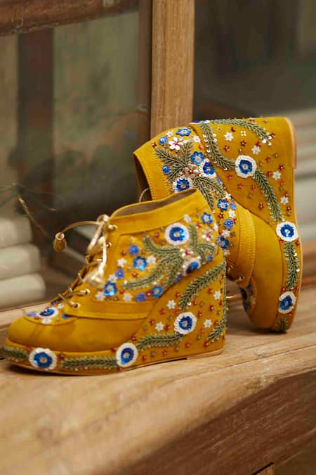 Shop Tiesta Yellow Sequin Embroidered Sneaker Wedges at Aza Fashions Shop_Tiesta_Yellow Sequin Embroidered Sneaker Wedges _at_Aza_Fashions