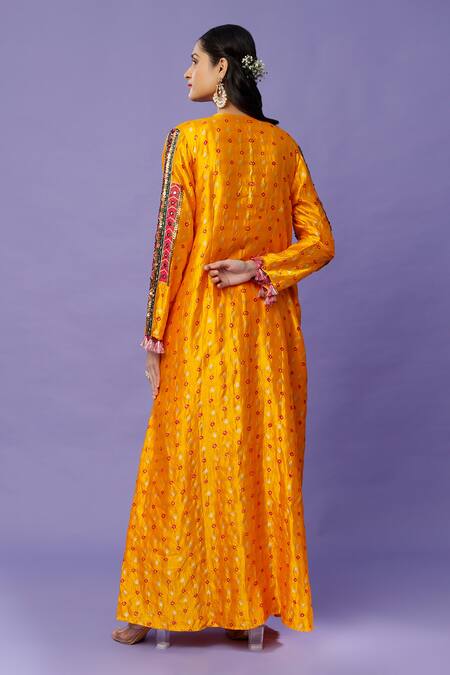 Shop Payal Singhal Yellow Silk Mirrors, Tassels, Bandhani Pattern Jacket And Jogger Pant Set at Aza Fashions Shop_Payal Singhal_Yellow Silk Mirrors, Tassels, Bandhani Pattern Jacket And Jogger Pant Set_at_Aza_Fashions