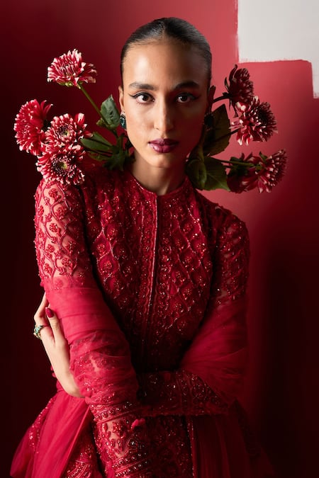 Shop_Ridhi Mehra_Red Peplum Net Embroidery Cutdana Round Eshrat Top Gharara Set  _at_Aza_Fashions
