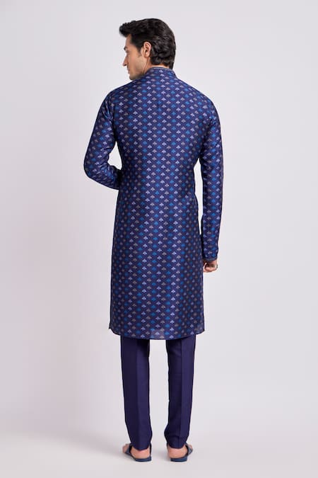 Shop_Bubber Couture_Blue Flat Raw Silk Printed Liberty Adrik Kurta Set _at_Aza_Fashions