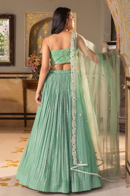 Shop Suruchi Parakh Green Georgette, Crepe, Satin Cut Work, Pearls, Sequins, Lehenga Blouse Set at Aza Fashions Shop_Suruchi Parakh_Green Georgette, Crepe, Satin Cut Work, Pearls, Sequins, Lehenga Blouse Set _at_Aza_Fashions