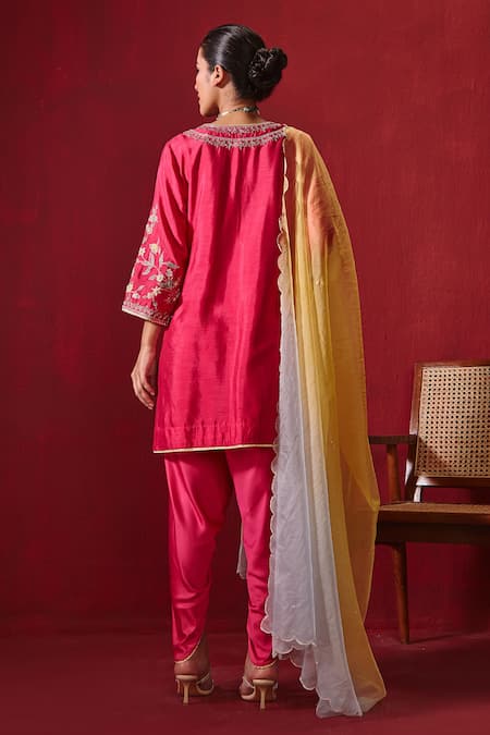 Shop Ajiesh Oberoi Pink Silk, Organza Piping, Gota Patti, Preet Floral Kurta Dhoti Pant Set at Aza Fashions Shop_Ajiesh Oberoi_Pink Silk, Organza Piping, Gota Patti, Preet Floral Kurta Dhoti Pant Set _at_Aza_Fashions
