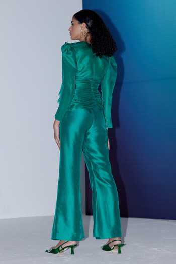 Shop Febo6 Green Silk, Organza Round Neck Puff Sleeve Top And Trouser Set at Aza Fashions Shop_Febo6_Green Silk, Organza Round Neck Puff Sleeve Top And Trouser Set _at_Aza_Fashions