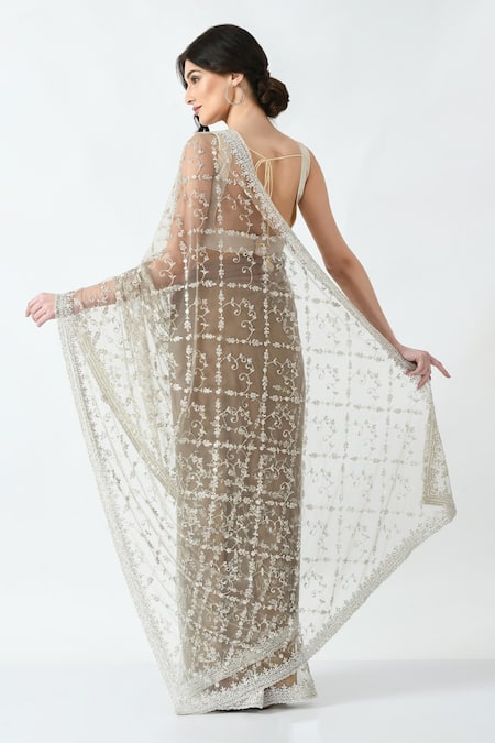 Shop Mehar Beige Net Sequins, Cut Work Flower Motif Hand Embroidered Saree at Aza Fashions Shop_Mehar_Beige Net Sequins, Cut Work Flower Motif Hand Embroidered Saree _at_Aza_Fashions