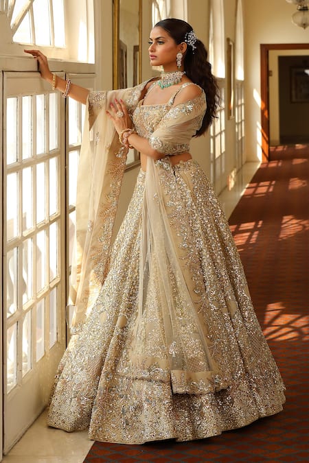 Shop_Miku Kumar_Ivory Silk, Net Sequins, Cut Work, Scattered Embellished Bridal Lehenga Set _at_Aza_Fashions