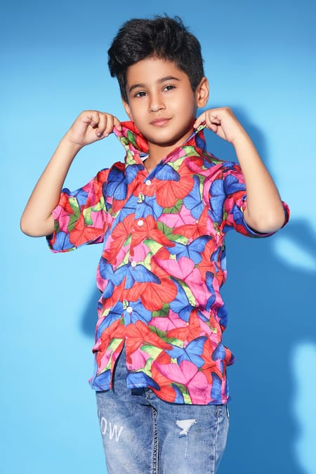Shop Littlecheer Multi Color Viscose, Satin Butterfly Print Classic Shirt at Aza Fashions Shop_Littlecheer_Multi Color Viscose, Satin Butterfly Print Classic Shirt _at_Aza_Fashions