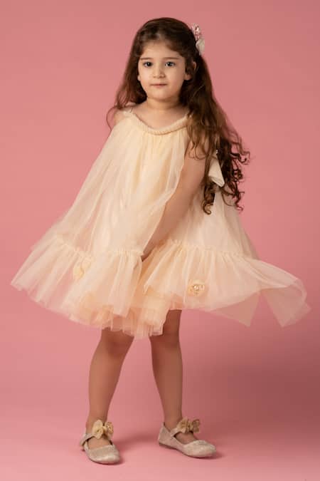 Shop Darleen Kids Couture Ivory Net, Taffeta Pearls Mia A-line Dress at Aza Fashions Shop_Darleen Kids Couture_Ivory Net, Taffeta Pearls Mia A-line Dress _at_Aza_Fashions