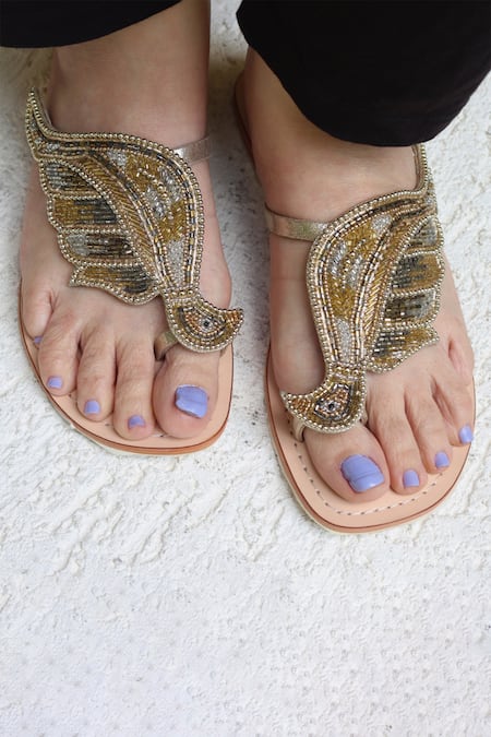 Shop Sandalwali Gold Embroidered Bird Flats at Aza Fashions Shop_Sandalwali_Gold Embroidered Bird Flats _at_Aza_Fashions