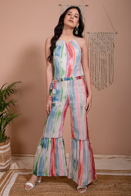 Shop_Aroop Shop India_Multi Color Chiffon Halter Neck Mia Stripe Print Jumpsuit _at_Aza_Fashions