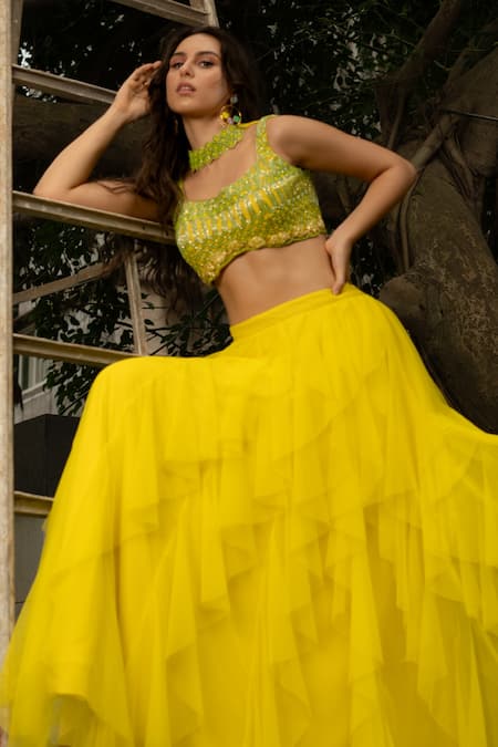 Shop Richa Jaisinghani Label Yellow Tulle And Georgette Beads & Cutdana Scoop Neck Ruffle Layered Lehenga Set at Aza Fashions Shop_Richa Jaisinghani Label_Yellow Tulle And Georgette Beads & Cutdana Scoop Neck Ruffle Layered Lehenga Set _at_Aza_Fashions