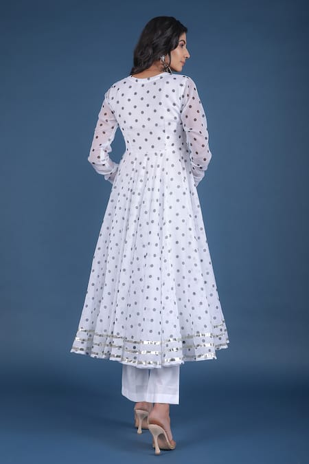 Shop_Pomcha Jaipur_White Organza, Cotton Metallic Thread, Tassels Polka Dot Print Anarkali Pant Set _at_Aza_Fashions