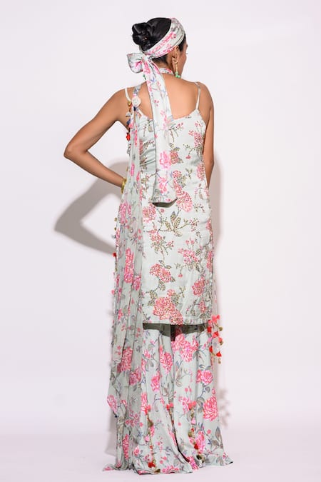 Shop Aangan By Parul Green Silk, Chiffon Sequins Scoop Neck Floral Print Kurta Sharara Set at Aza Fashions Shop_Aangan By Parul_Green Silk, Chiffon Sequins Scoop Neck Floral Print Kurta Sharara Set _at_Aza_Fashions