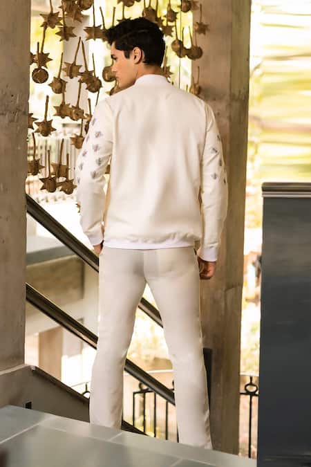 Shop_Vaani Beswal_Off White Handloom Cotton Embroidery Adeel Bomber Jacket _at_Aza_Fashions