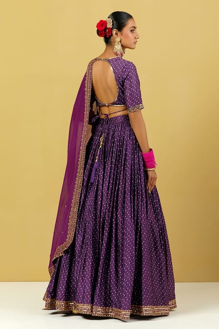 Shop_Ikshita Choudhary_Purple Chanderi Silk, Tissue Embroidery, Sequins Bandhani Print Lehenga Set _at_Aza_Fashions
