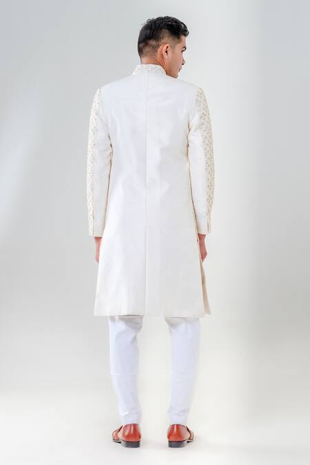 Shop_Amrit Dawani_Ivory Silk Embroidery Geometrical Threadwork Sherwani Set _at_Aza_Fashions