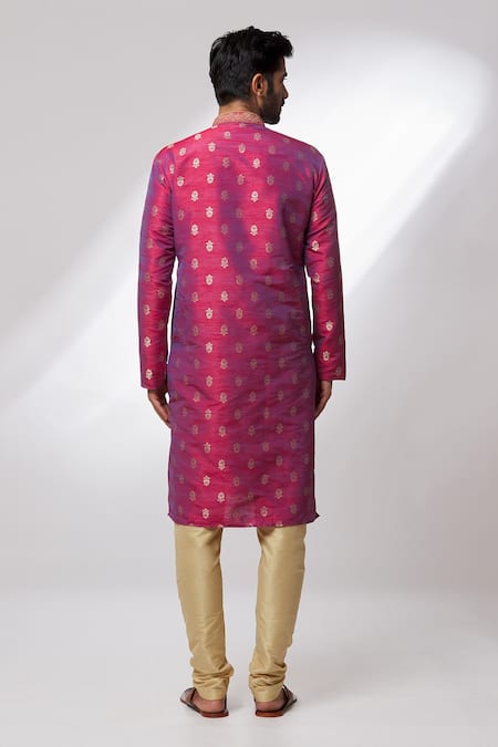 Arihant Rai Sinha Pink Jacquard, , Chanderi Embroidery, Woven Floral Pattern Kurta Set Online at Aza Fashions Arihant Rai Sinha_Pink Jacquard, , Chanderi Embroidery, Woven Floral Pattern Kurta Set _Online_at_Aza_Fashions