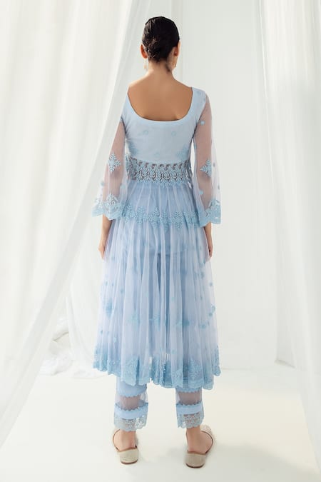 Shop Roze Blue Cotton, Organza Embroidery Boat Neck Clara Floral Anarkali Set at Aza Fashions Shop_Roze_Blue Cotton, Organza Embroidery Boat Neck Clara Floral Anarkali Set _at_Aza_Fashions