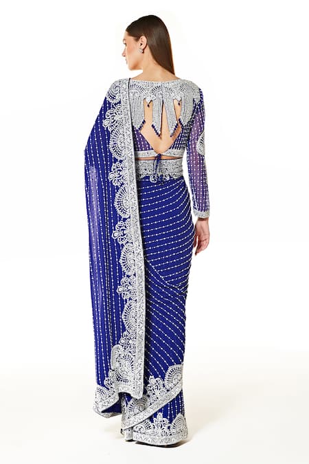 Rabani & Rakha Blue Georgette Pearls, Beads Round Neck Embroidered Saree With Blouse Online at Aza Fashions Rabani & Rakha_Blue Georgette Pearls, Beads Round Neck Embroidered Saree With Blouse _Online_at_Aza_Fashions