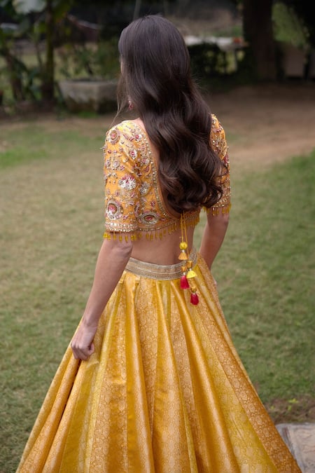 Shop_Shyam Narayan Prasad_Yellow Brocade, Organza Tassels, Zari, Floral Pattern Bridal Lehenga Set _at_Aza_Fashions