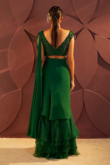 Shop_Parul And Preyanka_Emerald Green Silk Organza, Chanson Pre-draped Ruffle Saree With Blouse _at_Aza_Fashions