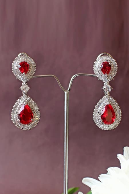 Nayaab By Sonia_Silver Plated Crystals, Stones Rouge Cubic Zirconia Embellished Earrings _Online_at_Aza_Fashions