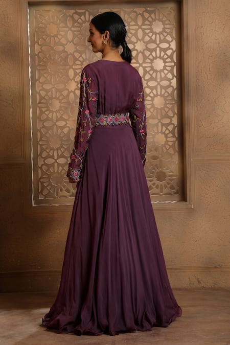 Shop Omana By Ranjana Bothra Purple Satin, Organza, Crepe Embroidery, Cut Floral Draped Anarkali With Belt at Aza Fashions Shop_Omana By Ranjana Bothra_Purple Satin, Organza, Crepe Embroidery, Cut Floral Draped Anarkali With Belt _at_Aza_Fashions