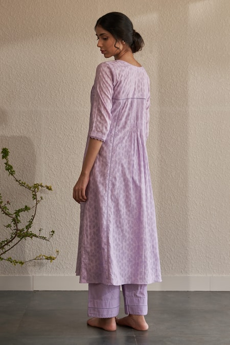 Shop_Label Mansi Nagdev_Purple Kurta Cotton Rose Hand Block Drishti Floral Pattern A-line Anarkali Set _at_Aza_Fashions