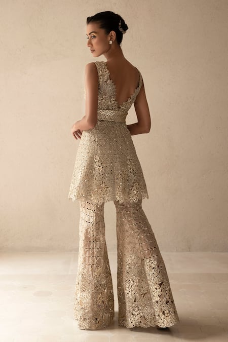 Varun Nidhika Metallic Palm Embroidered Peplum & sharara Set 