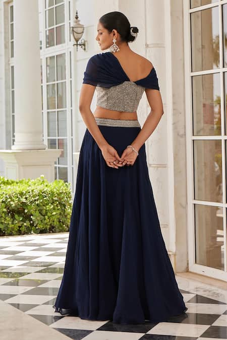 Charu And Vasundhara Selie One Shoulder Draped Blouse & Skirt Set 