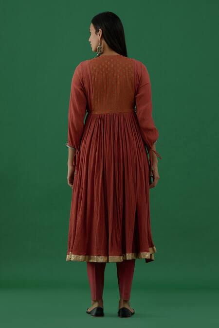 Shop_5elements_Brown 100% Cotton With Silk Brocade Yoke Ghungroo Neckline Anarkali Set _at_Aza_Fashions