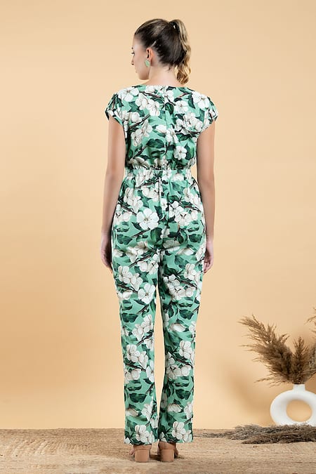Shop Divi By Sonal Khandelwal Green Cotton, Poplin V-neck Wild Apple Print Jumpsuit at Aza Fashions Shop_Divi By Sonal Khandelwal_Green Cotton, Poplin V-neck Wild Apple Print Jumpsuit _at_Aza_Fashions