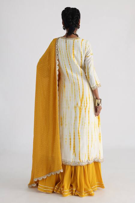 Shop_Smriti By Anju Agarwal_White Bamboo, Taffeta, Crepe, Chiffon Leheriya Pattern Kurta Sharara Set _at_Aza_Fashions