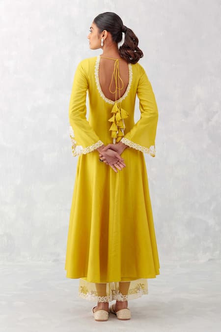 Devnaagri_Yellow Cotton, Organza, Embroidery Round Neck Anarkali Palazzo Set _Online_at_Aza_Fashions