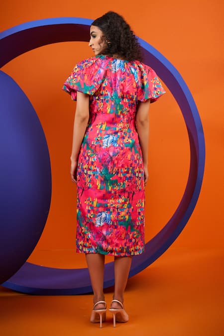 Shop The Dramebaaz CO Pink Beads V-neck Aster Print Gathered Dress at Aza Fashions Shop_The Dramebaaz CO_Pink Beads V-neck Aster Print Gathered Dress _at_Aza_Fashions