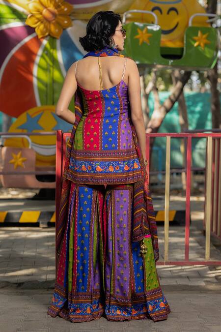 Shop Irrau By Samir Mantri Multi Color Silk Gota Patti, Embroidery, Floral And Stripe Print Gharara Set at Aza Fashions Shop_Irrau By Samir Mantri_Multi Color Silk Gota Patti, Embroidery, Floral And Stripe Print Gharara Set _at_Aza_Fashions