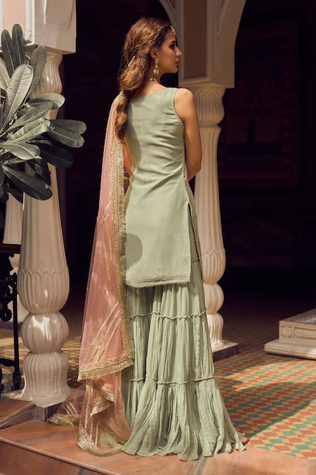 Lashkaraa Leaf Neck Embroidered Kurta Sharara Set 