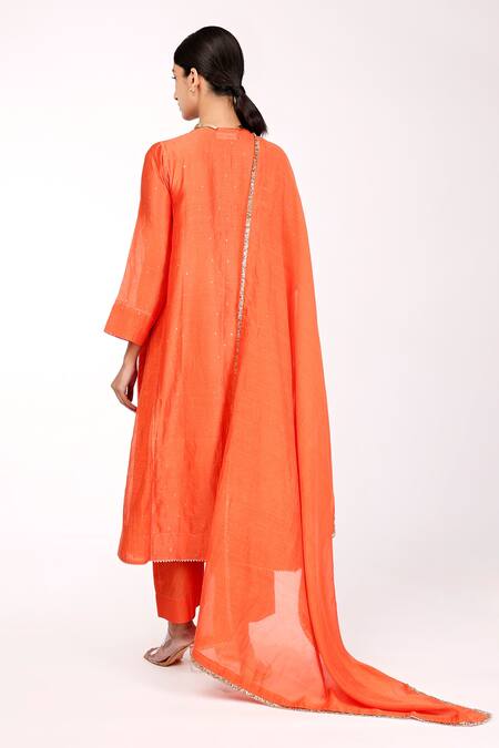 Shop Komal Shah Orange Chanderi, Lining Cotton Mukaish, Zari Round Kalidar Kurta Set at Aza Fashions Shop_Komal Shah_Orange Chanderi, Lining Cotton Mukaish, Zari Round Kalidar Kurta Set_at_Aza_Fashions